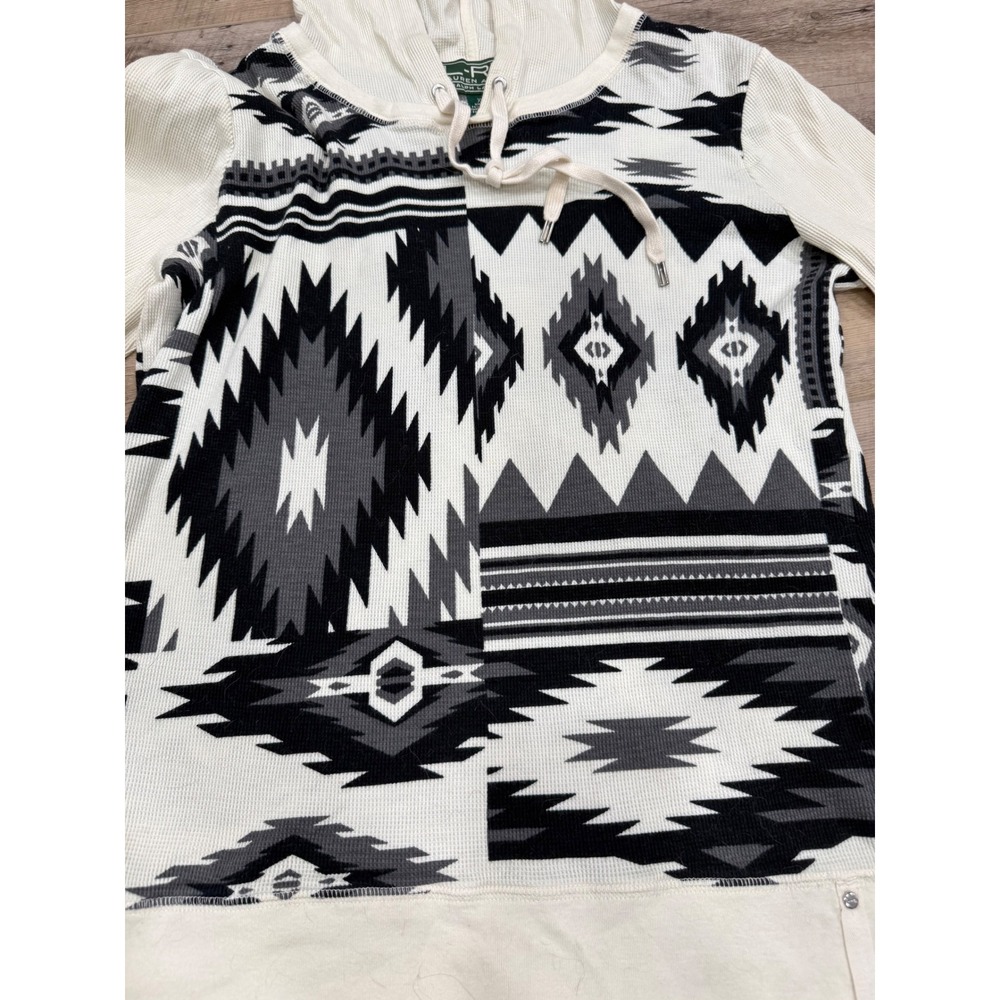 Lauren Ralph Lauren Active Womens XL Southwestern Waffle Knit Hoodie White Black - Picture 2 of 8